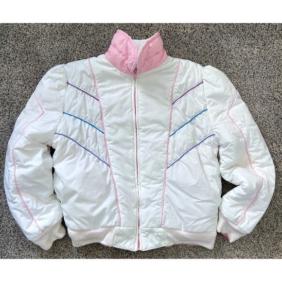 Vintage 80's REVERSIBLE White Pink Preppy Puffer Stranger Things Nancy MED LG - Picture 1 of 10